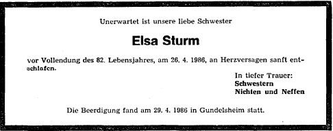 Sturm Elsa 1904-1986 Todesanzeige